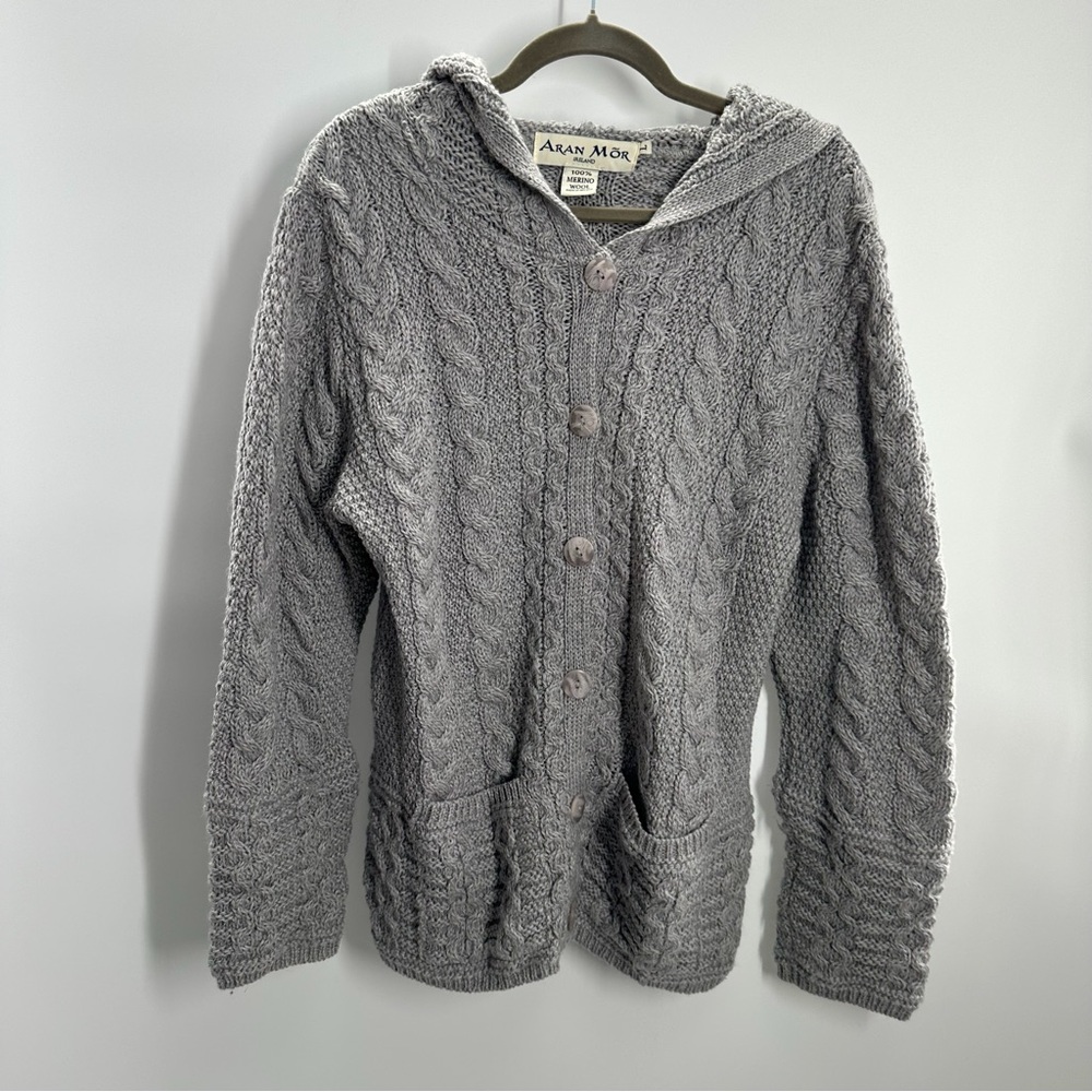Aran Mor Ireland 100% Merino Wool Gray Button Up Hooded Sweater